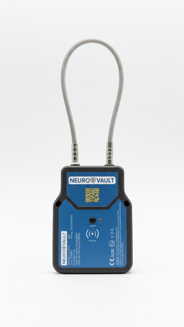 NeuroVault lock product floating with digital interface overlays